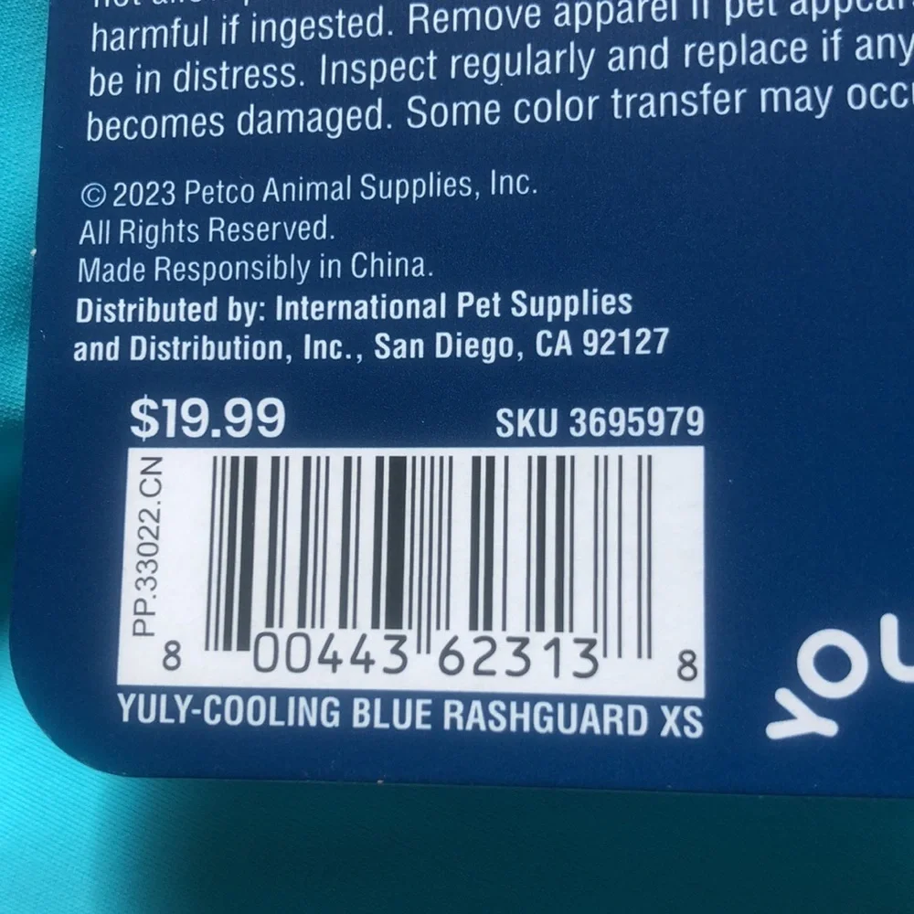 NWT YOULY Blue Cooling Rashguard for Dogs XS